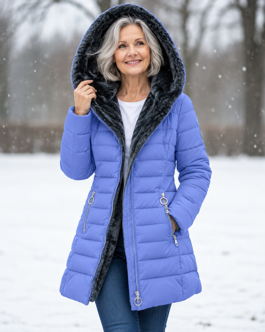 Winter hooded puffer coat, blue with black faux-fur hood lining and front zipper