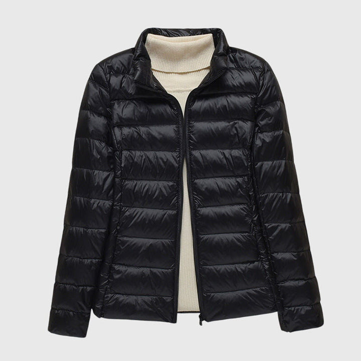 Black ultralight puffer jacket, full-zip with stand collar, ribbed cuffs and hem