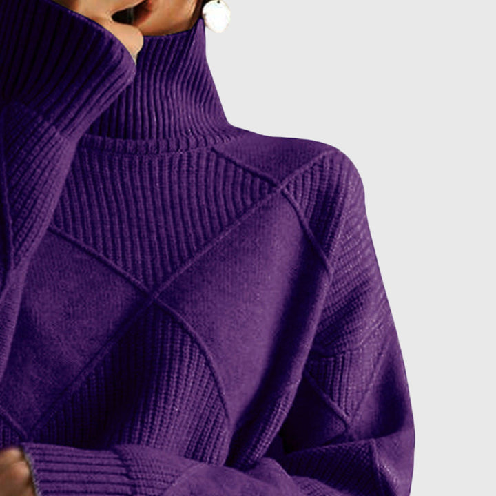 Purple turtleneck jumper neckline detail with ribbed collar and diamond motif