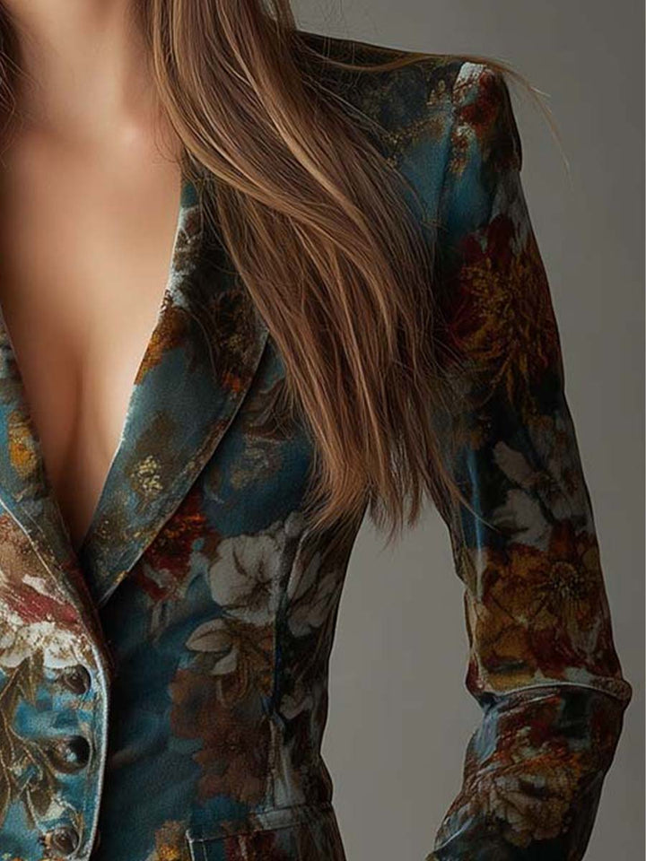 Teal floral velvet blazer shoulder and lapel detail, single-breasted front