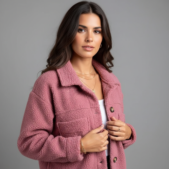 Pink teddy jacket with two chest pockets, button closure, and point collar