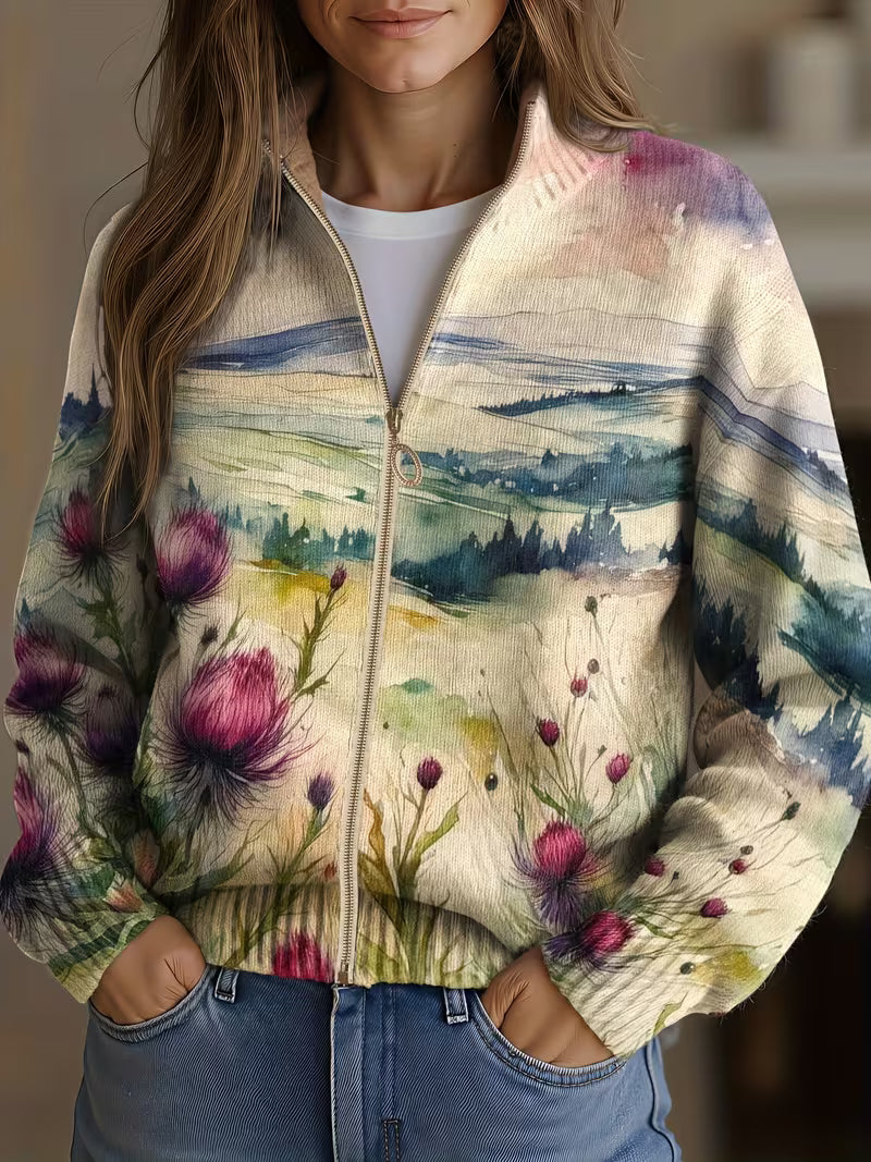 Watercolor floral landscape zip cardigan with long sleeves and ribbed cuffs