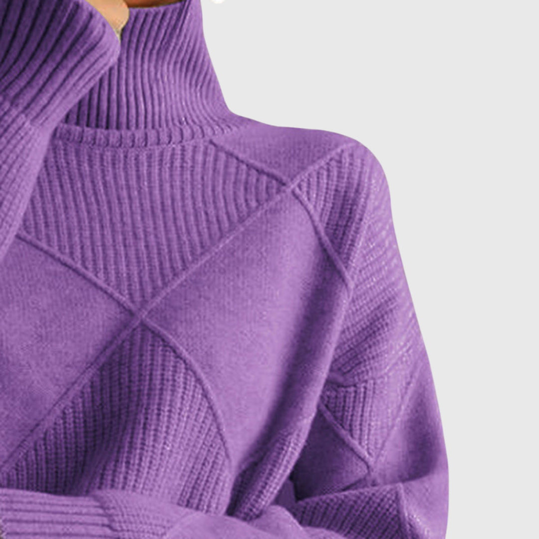Violet turtleneck jumper close-up of ribbed texture and diamond panel