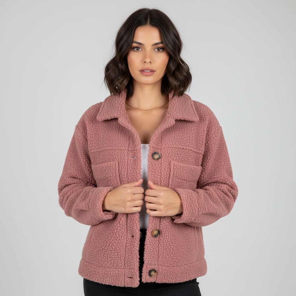 Pink teddy jacket with button front, point collar, and flap chest pockets