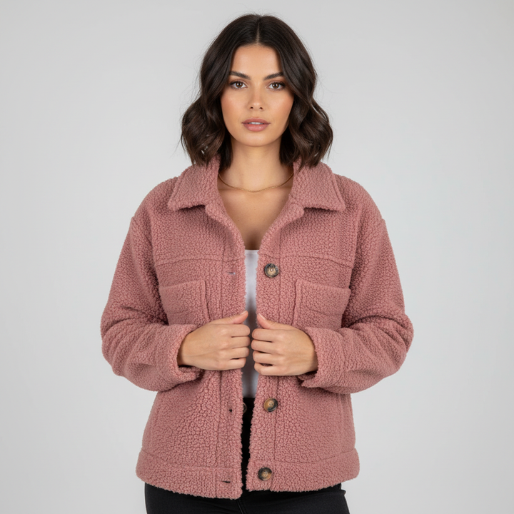 Pink teddy jacket with button front, point collar, and flap chest pockets