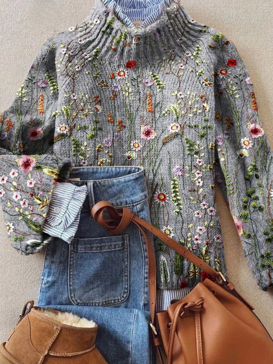 Grey floral knit jumper with multicolor embroidered flowers, ribbed high neckline