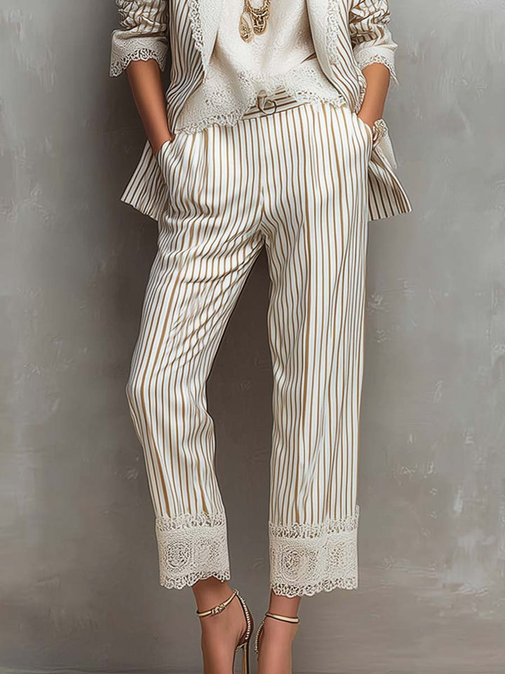 White striped lace short-sleeved blazer with vertical stripes and lace cuff details