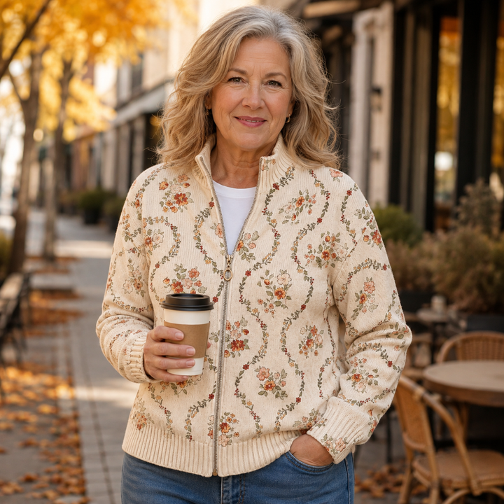 Clara™ floral zip cardigan in beige knit with multicolor blooms and ribbed hem