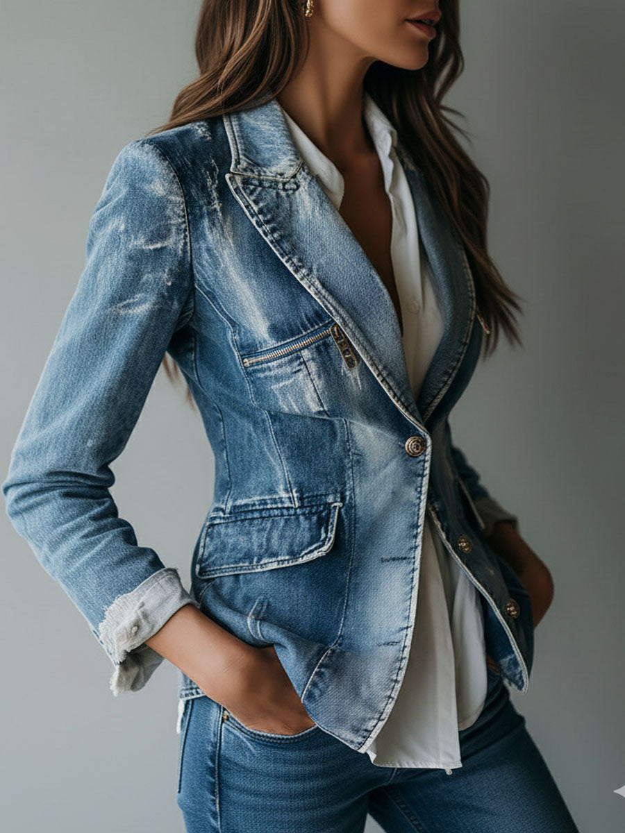 Washed blue denim blazer with button front, flap pockets, and rolled cuff detail