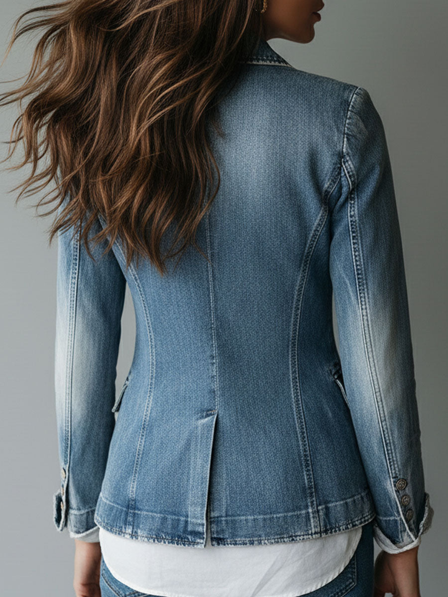 Washed blue denim blazer back view with seam detailing and cuffed sleeves
