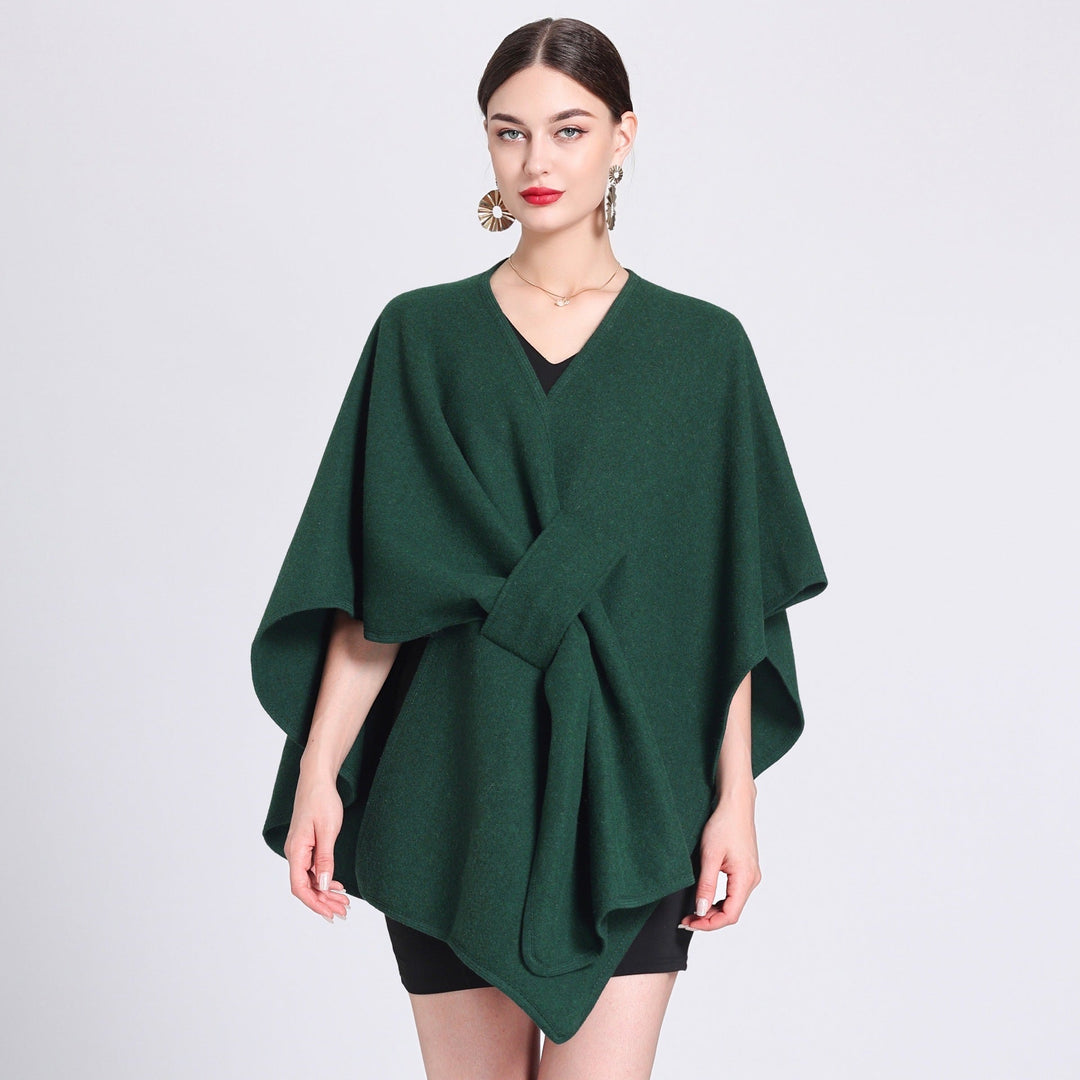Green fleece cape shawl with V-neck and knotted tie waist wrap