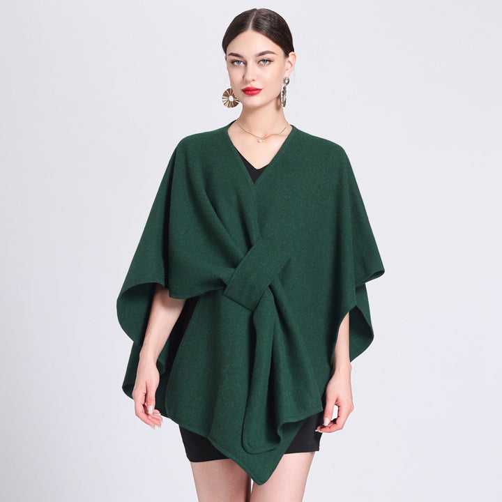 Green fleece cape shawl with V-neck and knotted tie waist wrap