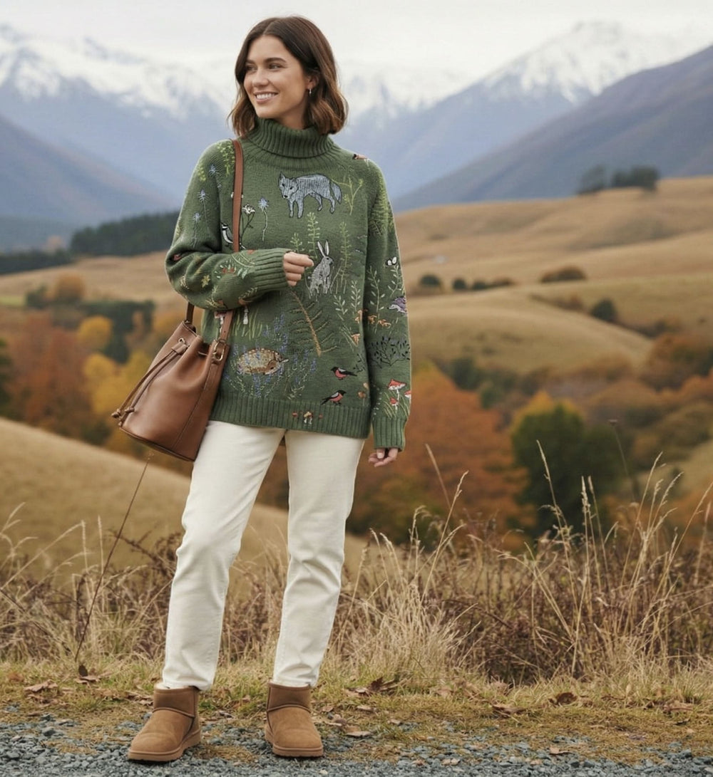 Green woodland turtleneck jumper with long sleeves and ribbed collar worn with light pants
