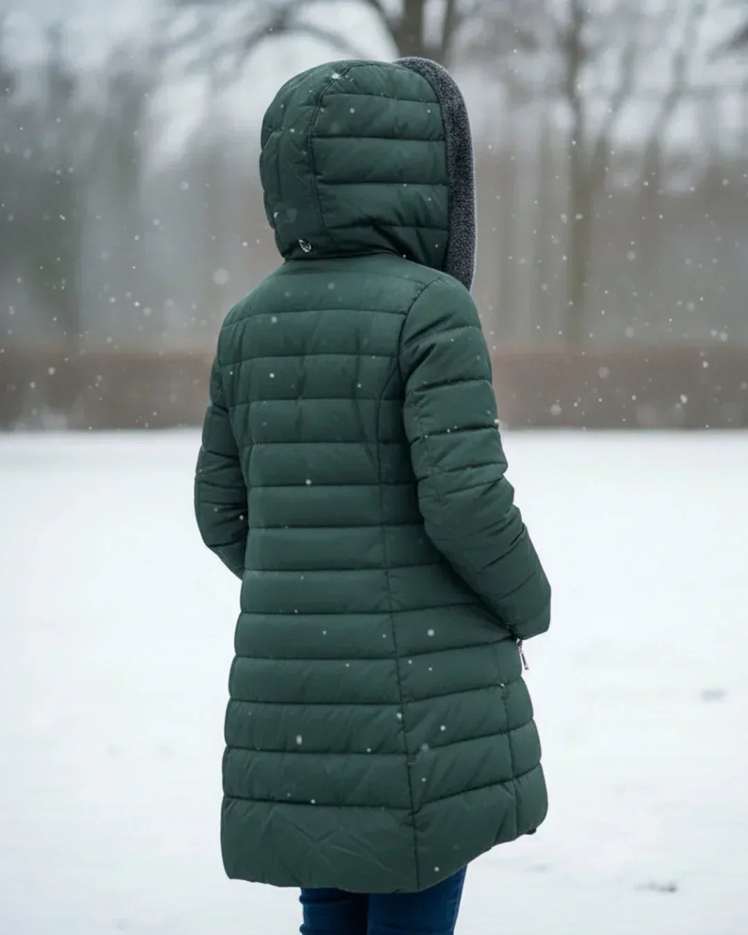 Dark green padded winter jacket with gray hood, back view, zip closure.