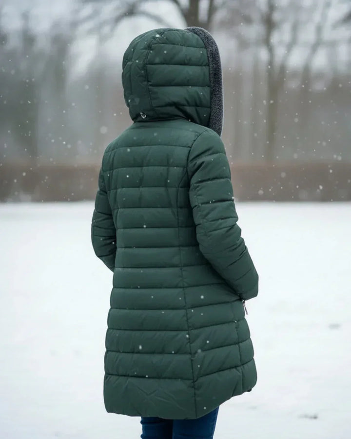Dark green padded winter jacket with gray hood, back view, zip closure.