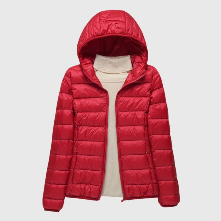 Ultralight hooded puffer jacket in red, full-zip front with quilted panels