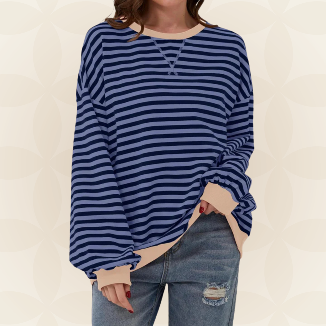 Jasmine™ striped sweater in navy and white stripes, V-neck, long sleeves, relaxed fit
