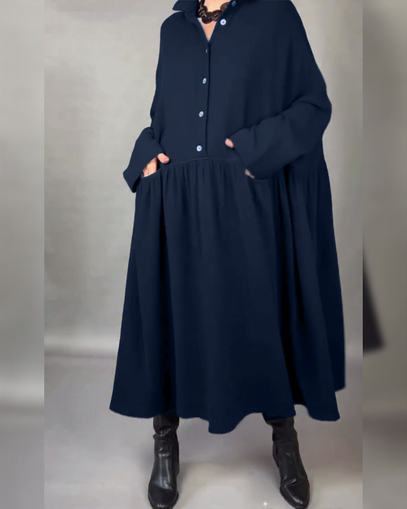 Millie™ A-line button-collar dress, dark navy long sleeves with pleated skirt