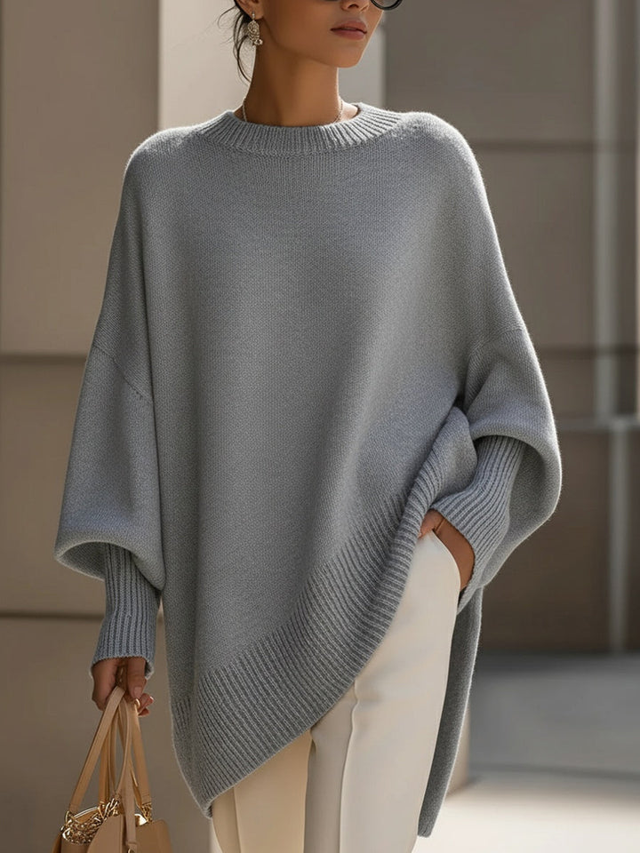 Grey oversized wool-blend jumper with ribbed crew neck and cuff hems