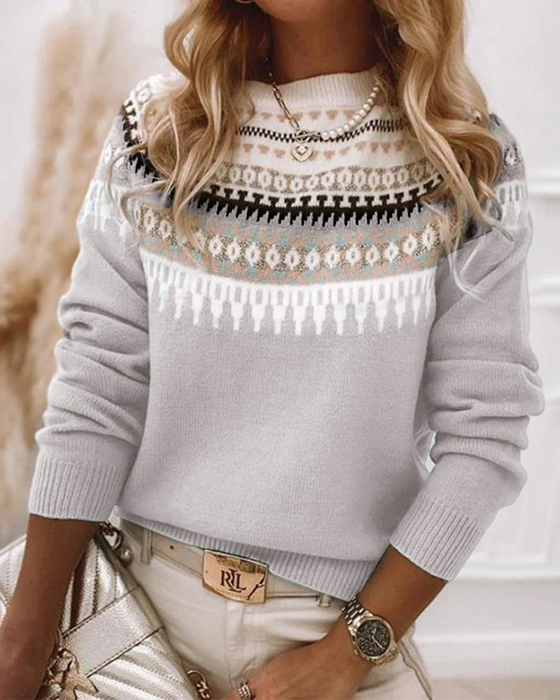 Light grey Fair Isle knit jumper with crew neck and long sleeves