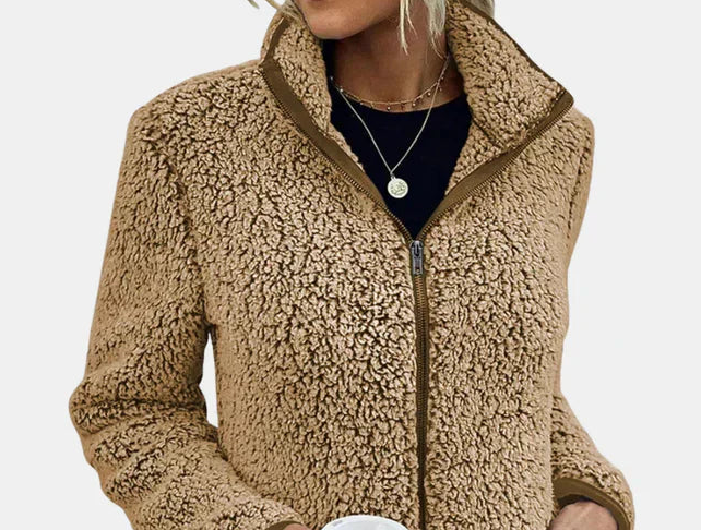 Beige teddy jacket close-up: full-zip front, stand collar, textured fleece.