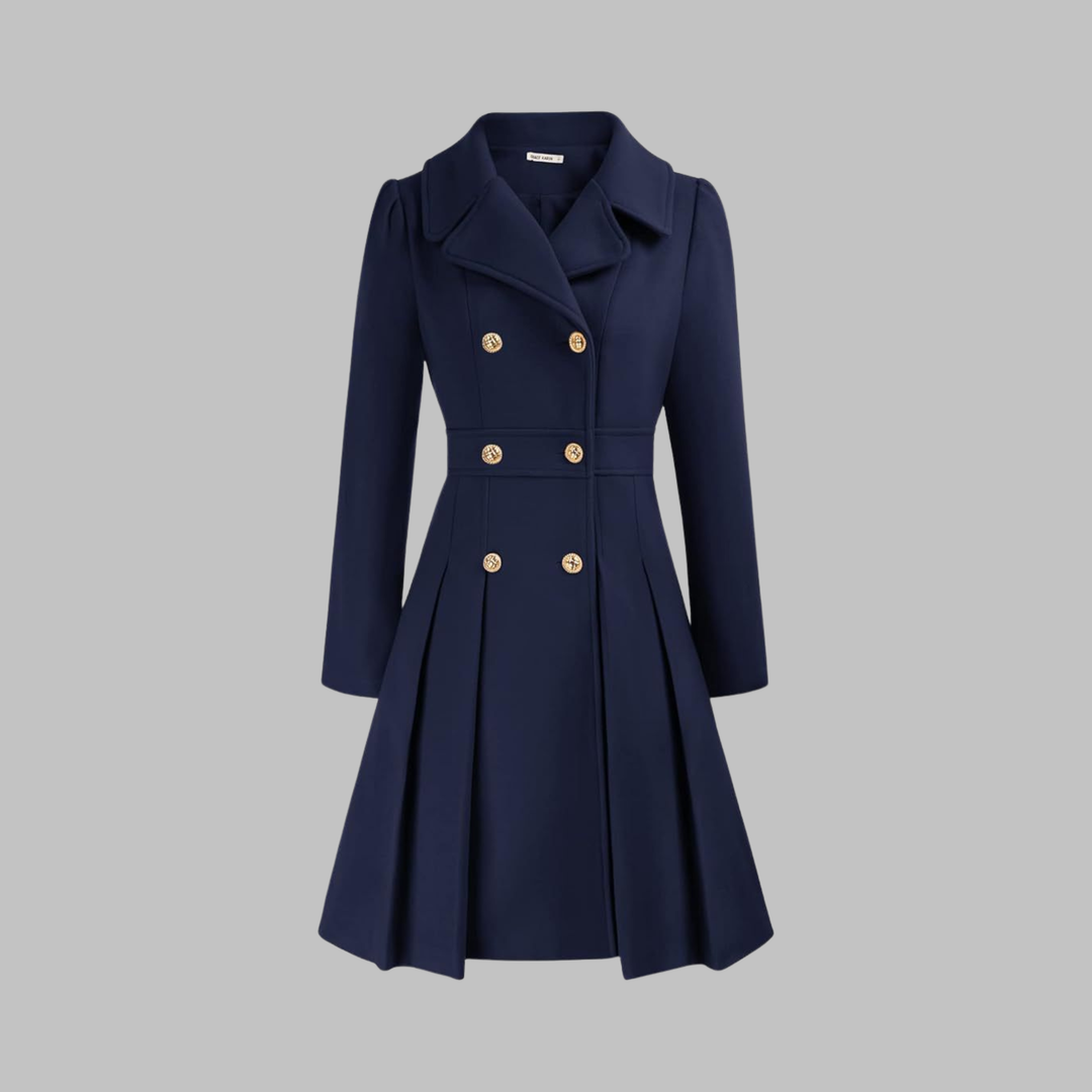 Navy fitted double-breasted coat with notched lapels, gold buttons, pleated skirt