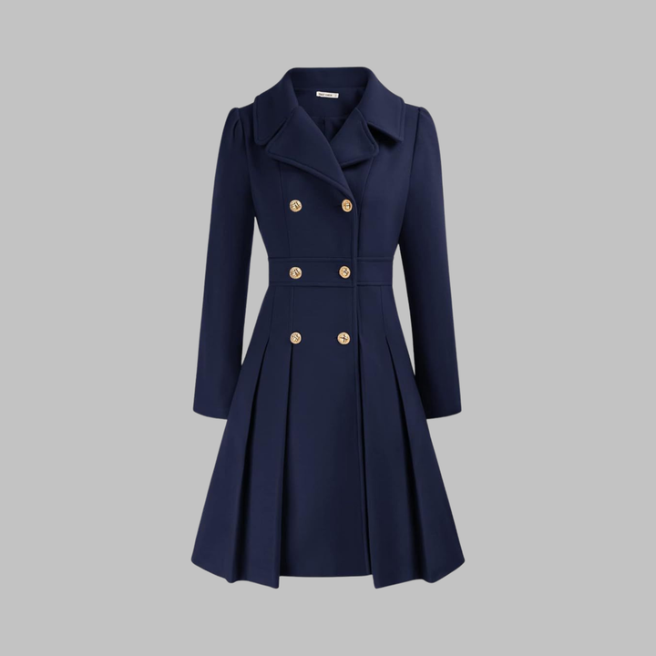 Navy fitted double-breasted coat with notched lapels, gold buttons, pleated skirt