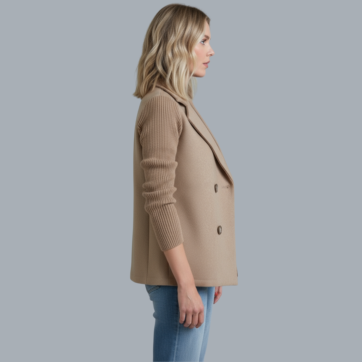 Brown ribbed blazer coat with notched lapels and double-breasted front