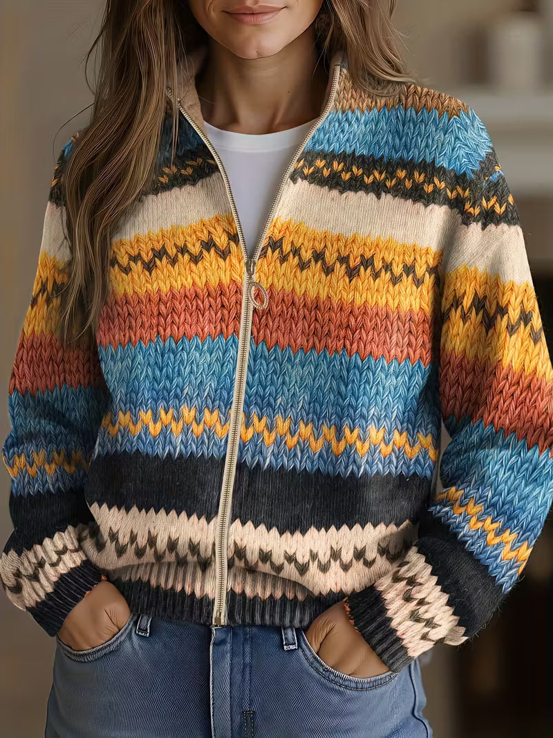 Multicolour striped knit zip cardigan with full front zip, long sleeves, ribbed cuffs