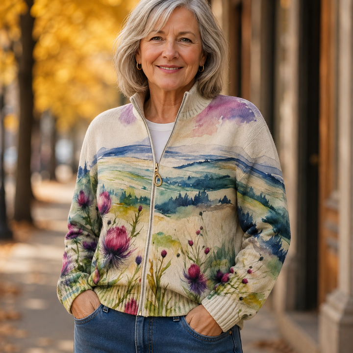 Watercolor floral landscape zip cardigan with high collar and zip front