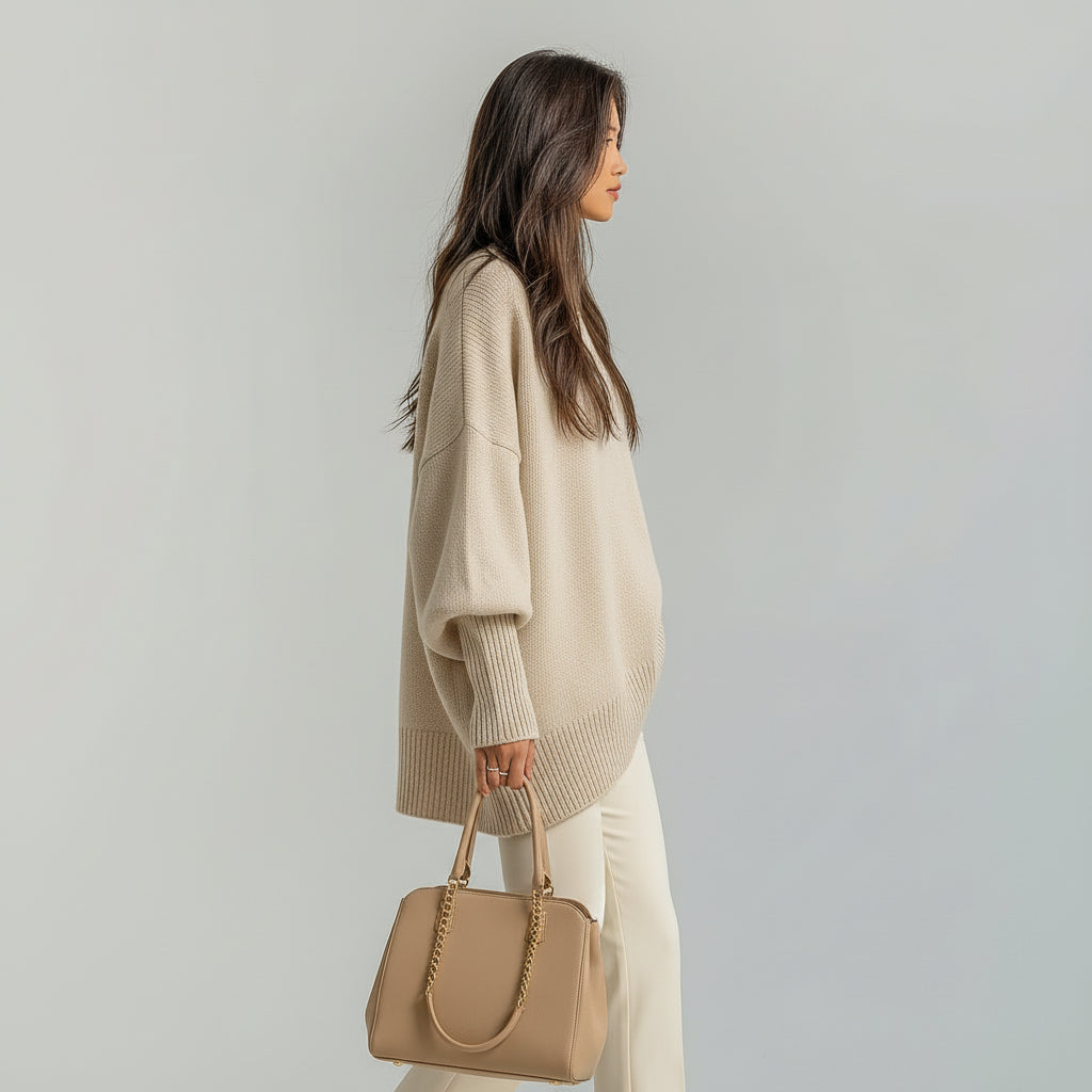 Beige asymmetric draped knit poncho with ribbed hem and oversized batwing sleeves