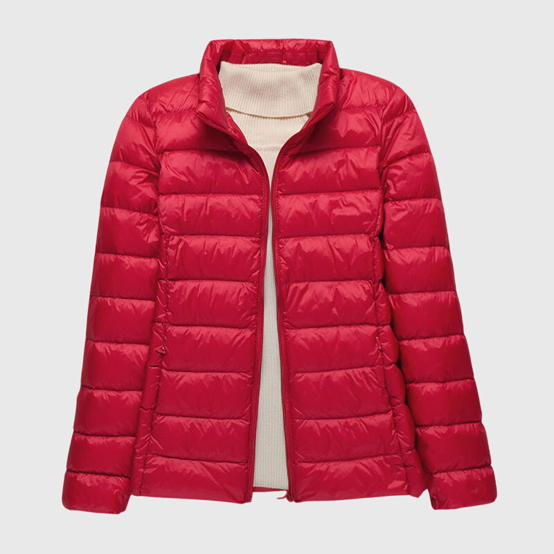 Red ultralight puffer jacket, full-zip with stand collar and ribbed knit cuffs