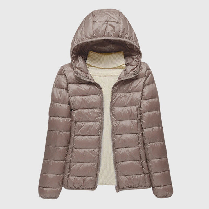 Ultralight hooded puffer jacket in khaki, full-zip front with quilted panels