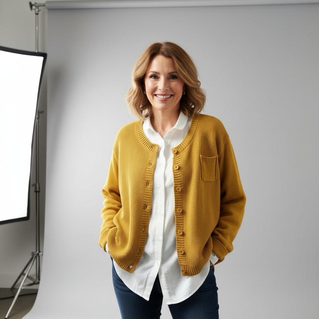 Margriet soft knit cardigan, mustard yellow, button front with chest patch pocket