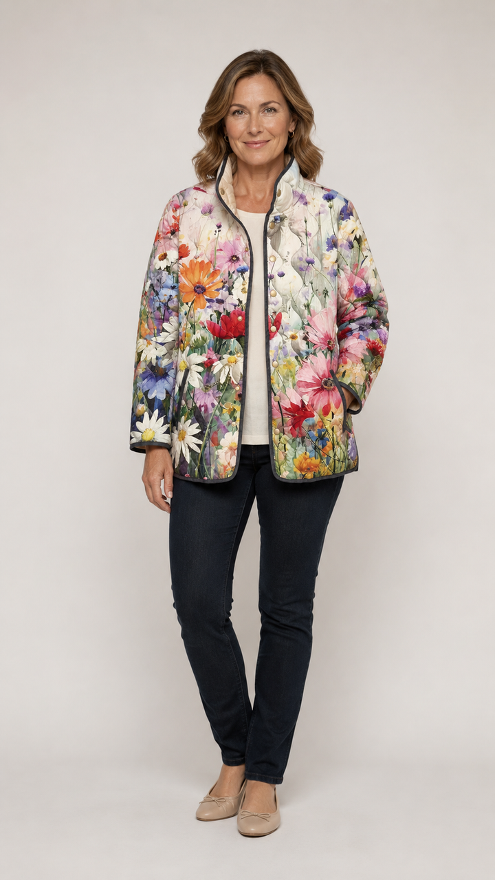 Vintage floral quilted jacket, multicolor flowers on light base