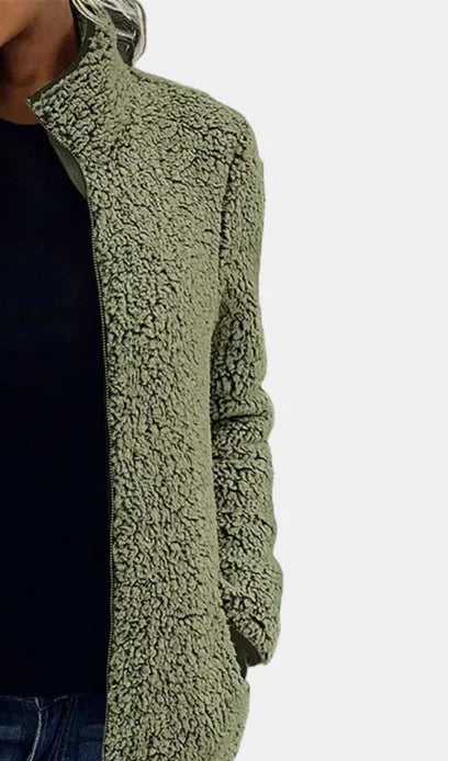 Olive green teddy jacket front zip detail and textured fleece texture