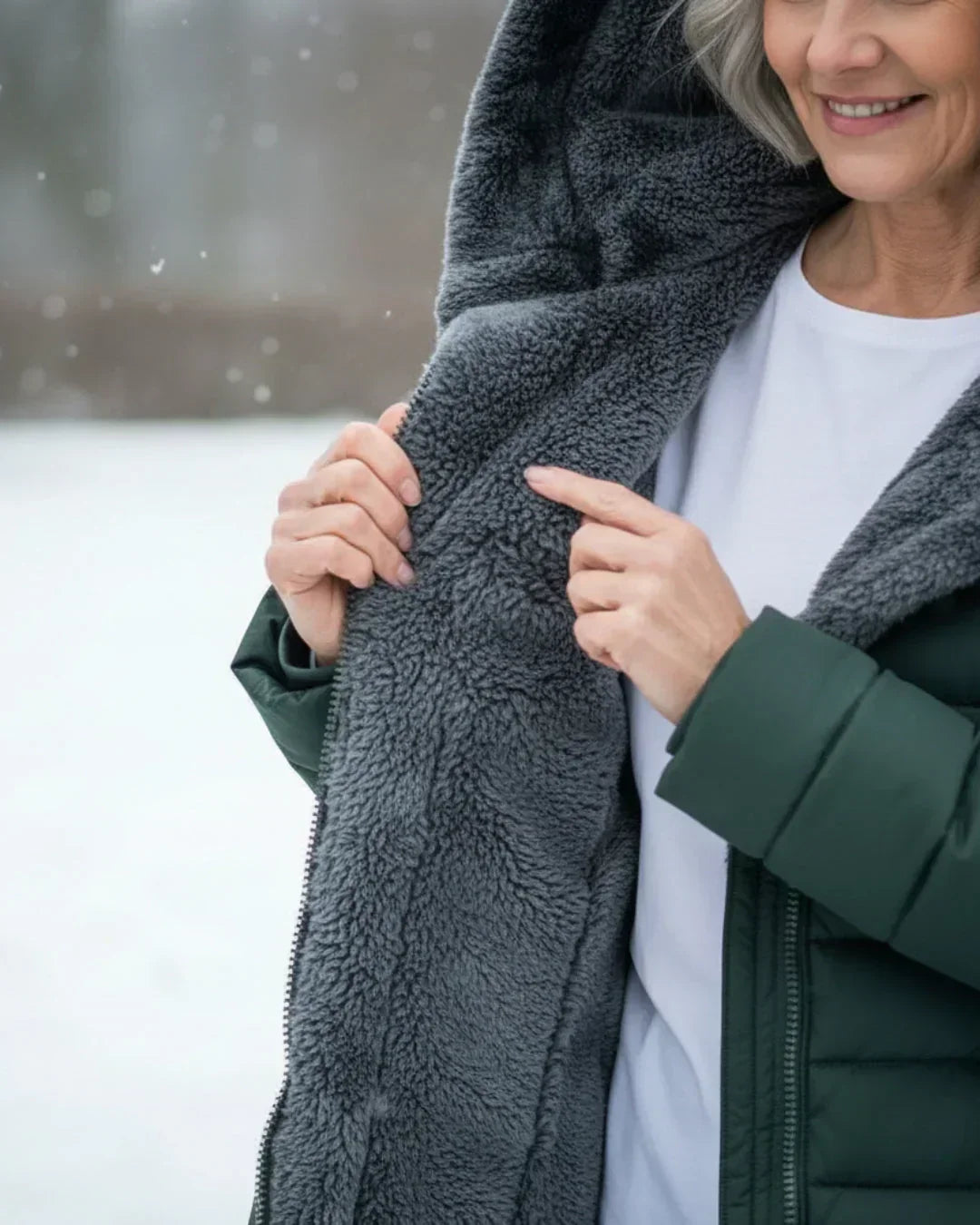 Dark green hooded padded winter jacket with sherpa-style fleece lining