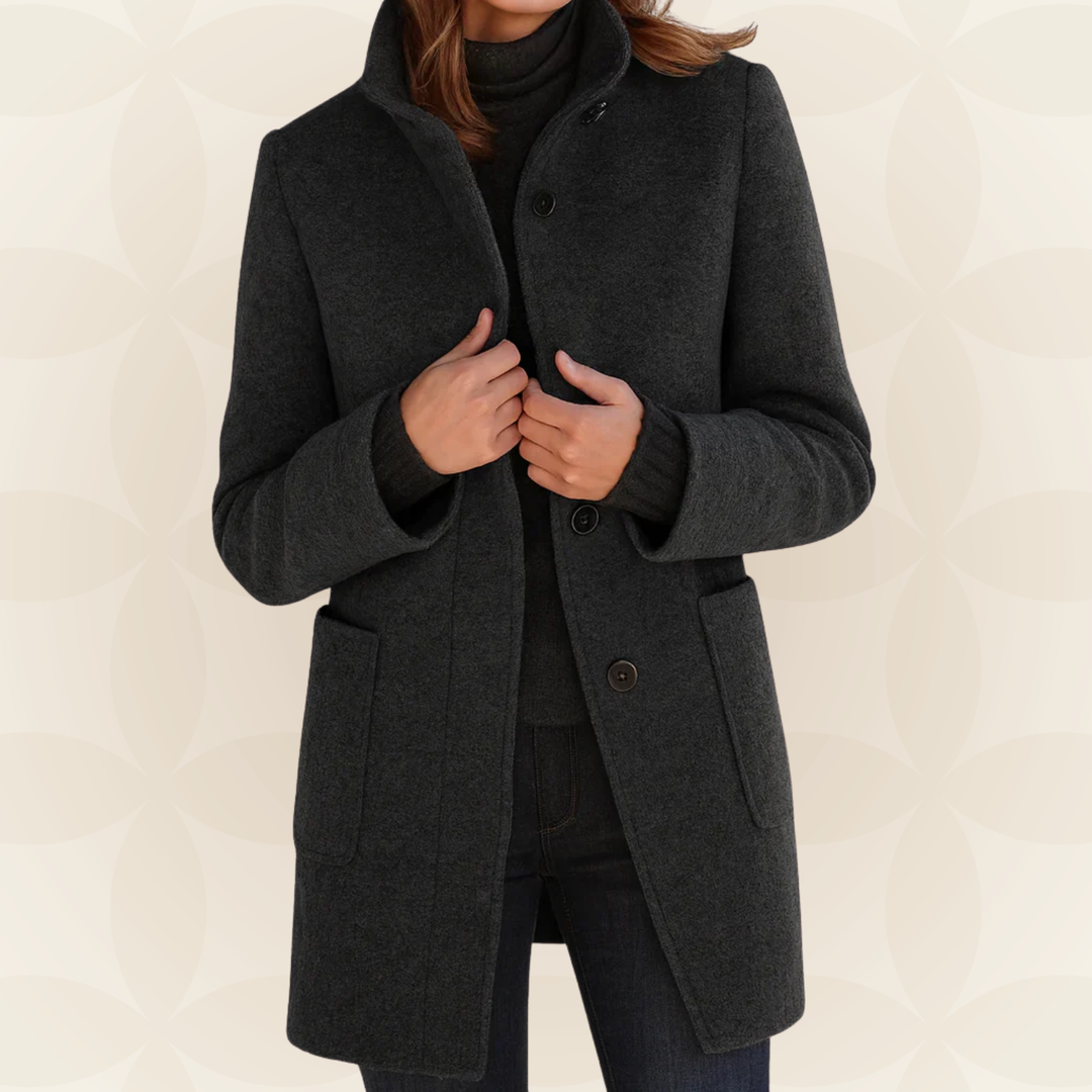Women’s dark gray wool coat with high collar, button front, and side pockets
