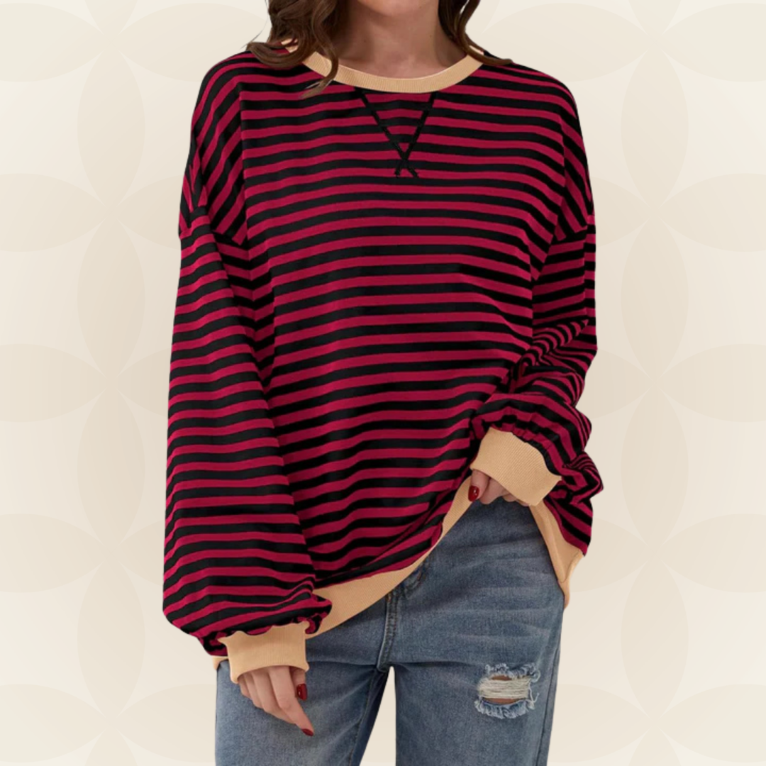 Jasmine™ striped sweater in dark pink and black stripes, V-neck, long sleeves, relaxed fit