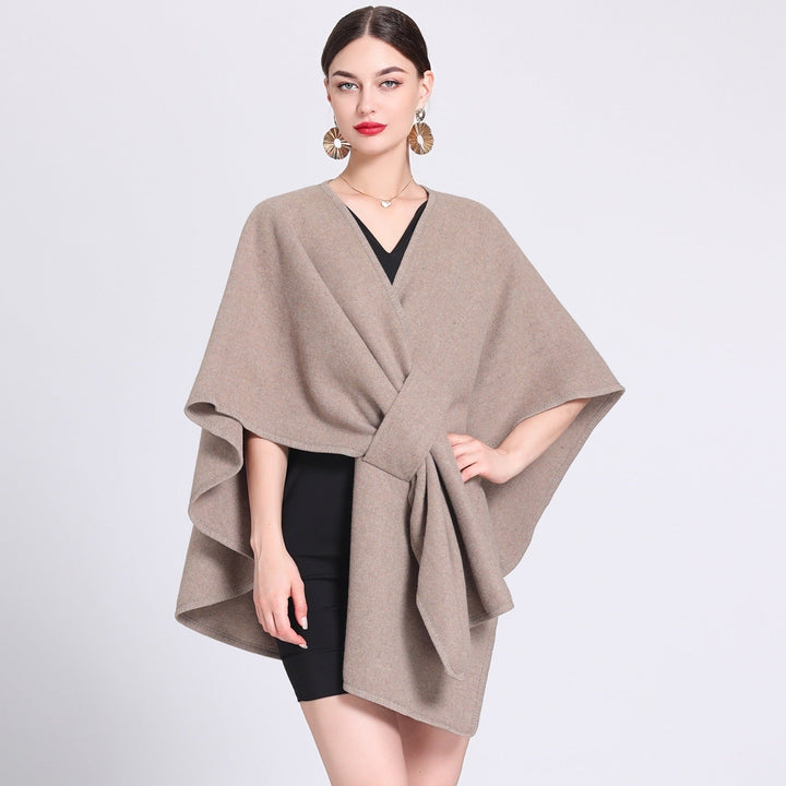 Taupe fleece cape shawl with V-neck and tied front sash, draped poncho