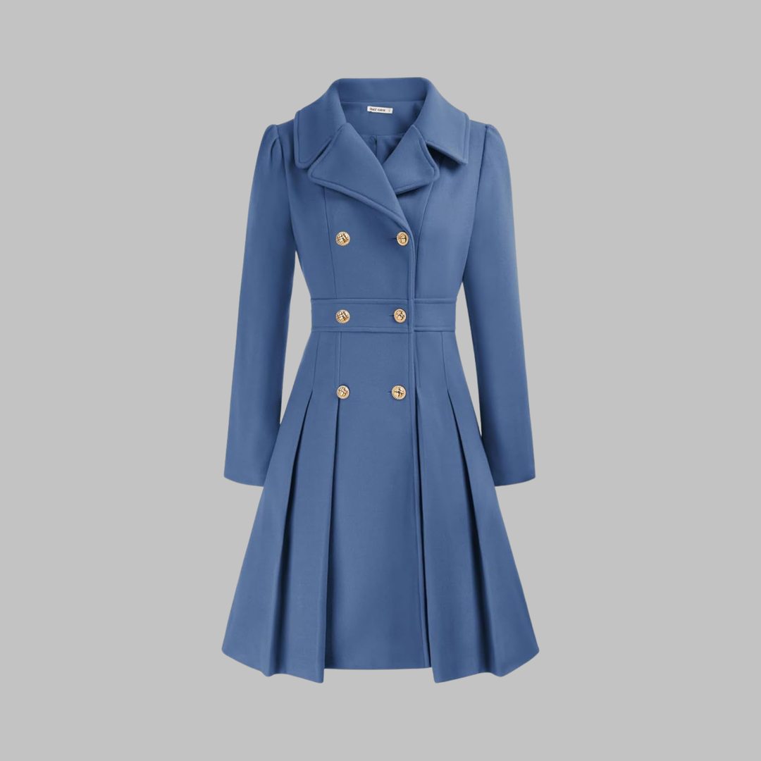 Light blue fitted double-breasted coat with notched lapels, gold buttons, pleated skirt