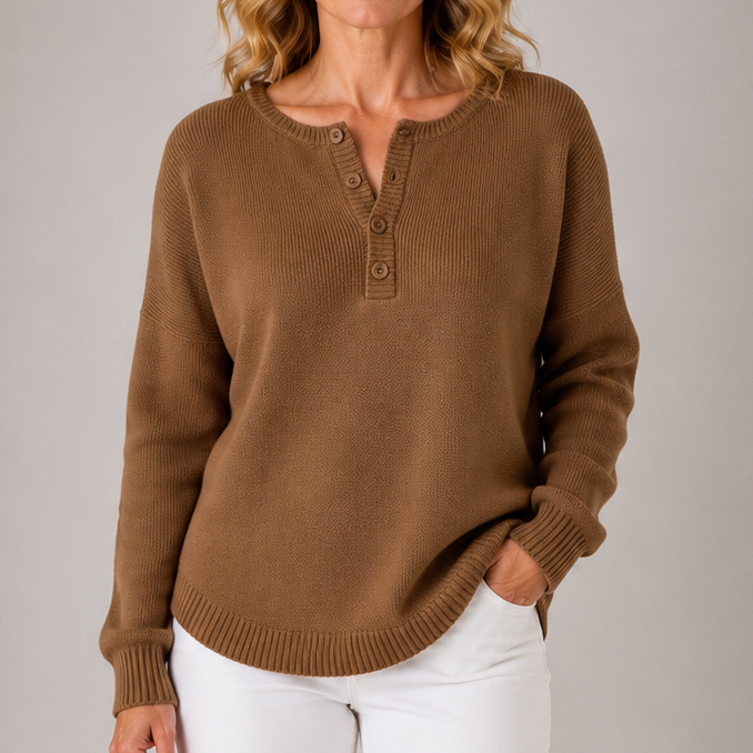 Brown classic button knit sweater with henley placket and ribbed cuffs