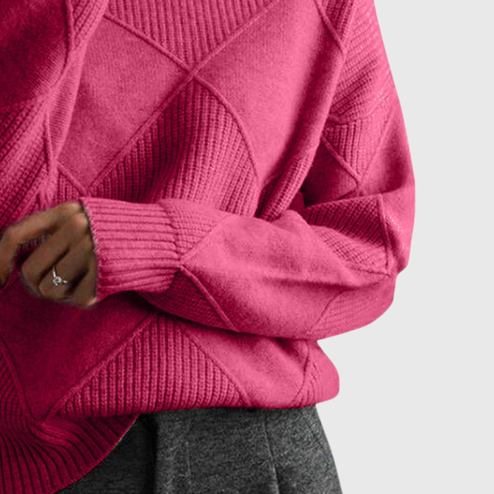 Rose turtleneck jumper sleeve cuff and diamond knit details, ribbed knit texture