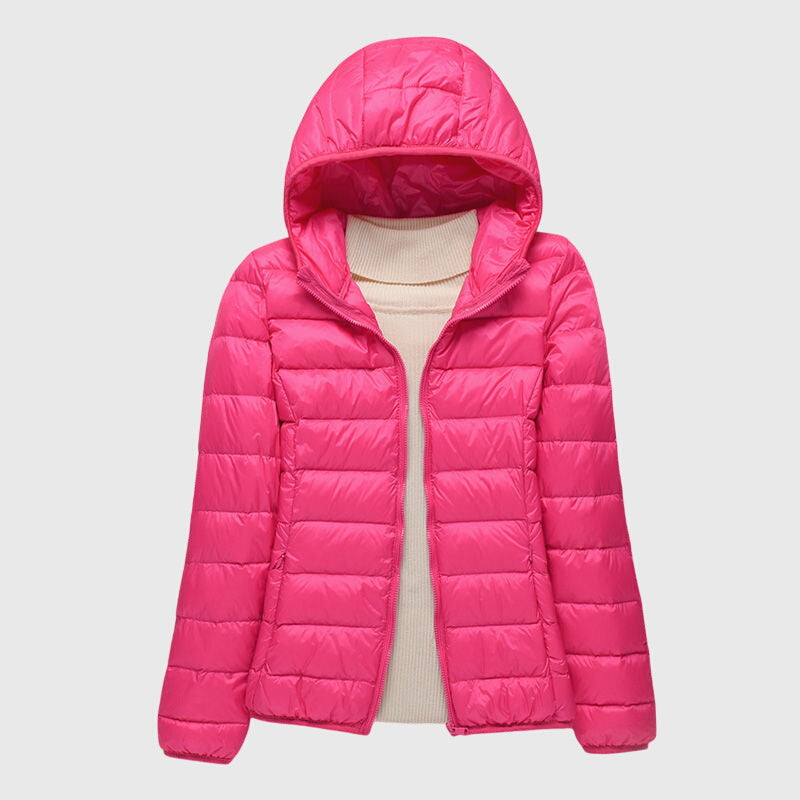 Ultralight hooded puffer jacket in pink, full-zip front with quilted panels
