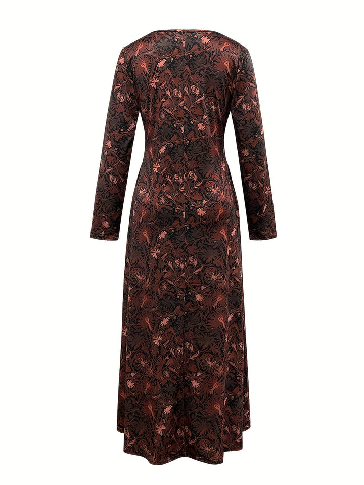 Floral print maxi dress back view, burgundy with dark ornate pattern and long sleeves