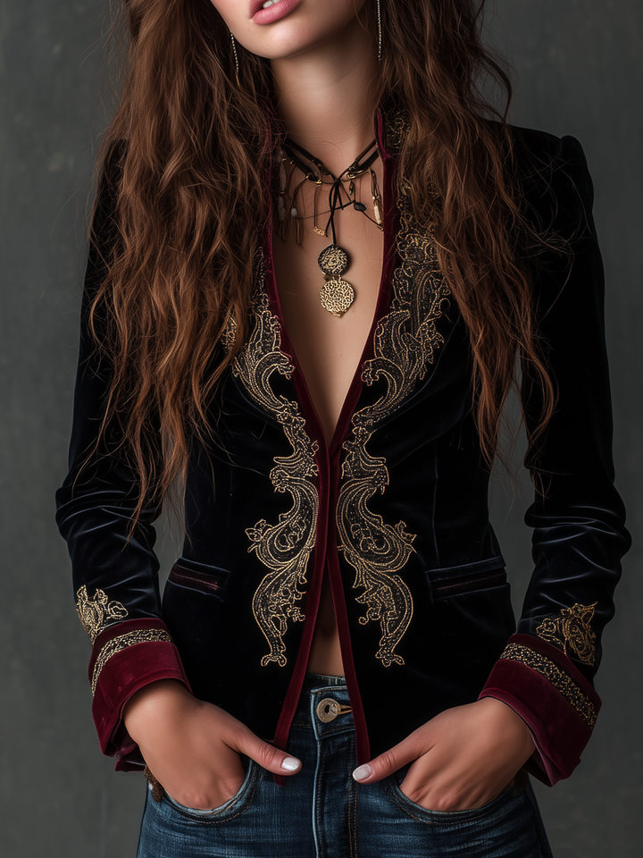 Embroidered velvet blazer with gold baroque trim and burgundy inner cuffs, black