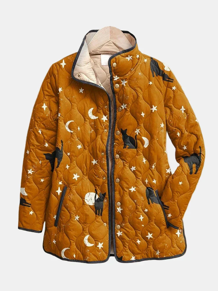 Quilted cat Halloween print jacket in mustard brown with gold stars and dark cat trim