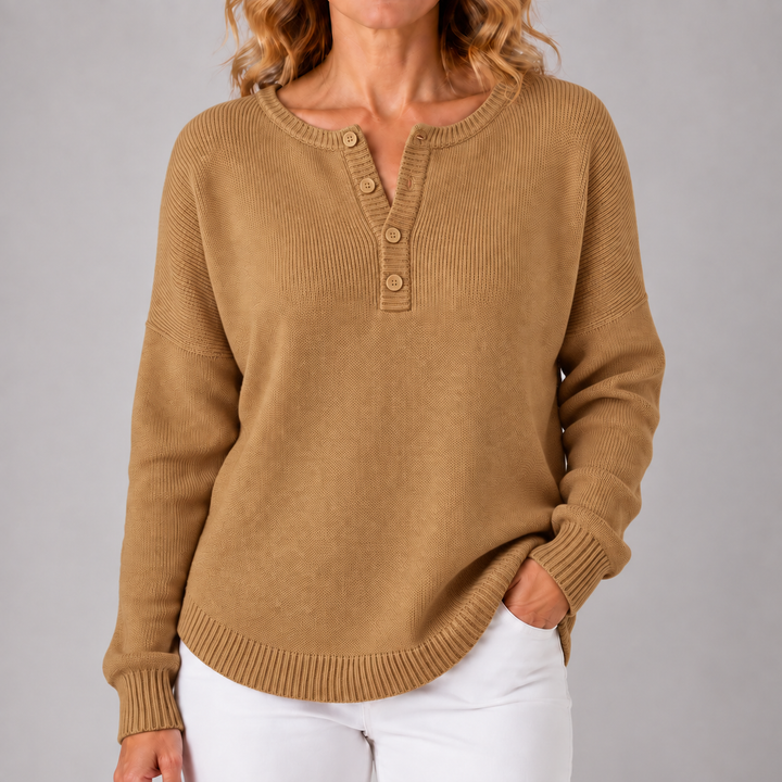 Khaki classic button knit sweater with henley placket and ribbed cuffs