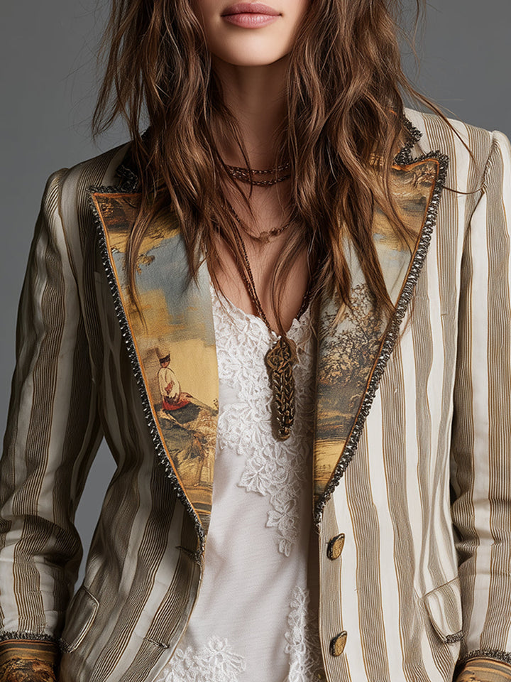 Bohemian Striped Cotton Blazer With Printed Lapels (Khaki Sold out!)