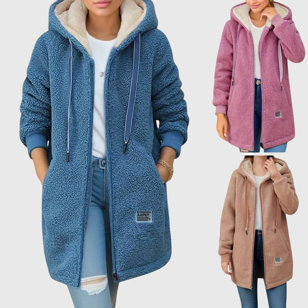 Sherpa zip hooded coats in blue, pink, and chestnut; cream lining, drawstring ties.